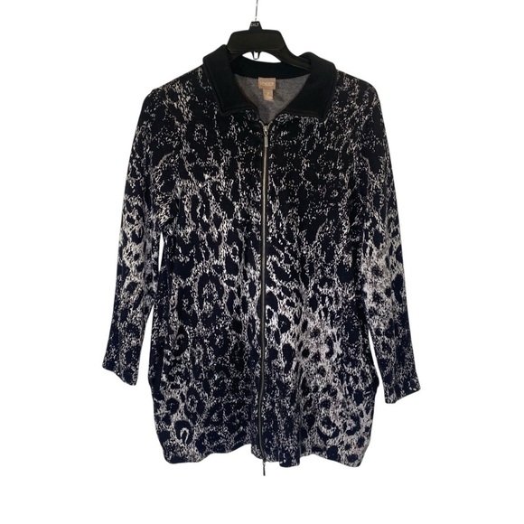 CHICO'S Women size 2 (USA 12-14) Animal Print gray black knit sweater jacket - Picture 1 of 8